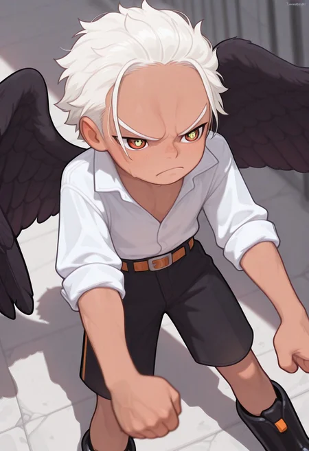 masterpiece, absurdres, high quality, perfect anatomy, 1boy, solo, cute boy, male focus, SHawk, White Hair, Orange Eyes, ((Star Shaped Pupils)), Tan Skin, Black Wings, White Shirt, Sleeves Rolled Up, Black Shorts, Belt, Black Boots, scowl, cinematic, intricately detailed illustration, depth of field, masterpiece, best quality, amazing quality, very aesthetic, absurdres, newest, very awa, shadow, dynamic angle, casual cosplay, dynamic pose, Lustedcomplex