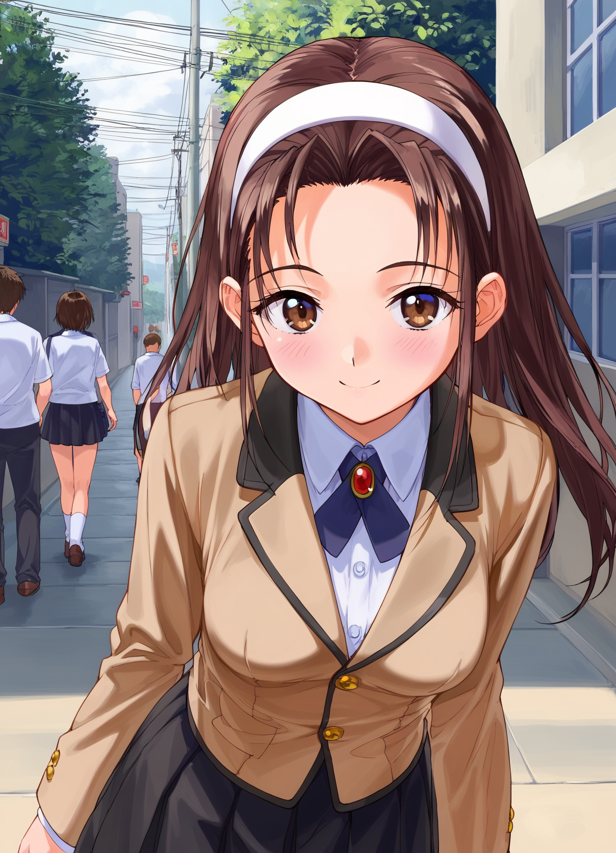 score_9, score_8_up, score_7_up, masterpiece, best quality, absurdres, official art, official style, anime screencap, megami magazine, zPDXL2, zPDXLxxx, <lora:Itsuki Haruka (Escalation -Hard Core-) Pony v1_epoch_10:0.7>, 1girl, solo focus, itsuki_haruka, large breasts, BREAK, tareme, brown eyes, BREAK, black hair, brown hair, long hair, bangs, sidelocks, forehead, BREAK, white hairband, hairband, BREAK, school uniform, blazer, brown jacket, long sleeves, buttons, BREAK, white shirt, BREAK, miniskirt, pleated skirt, black skirt, BREAK, white legwear, BREAK, loafers, BREAK, <lora:neg4all_bdsqlsz_xl_V91:1.0> <lora:ALTXL_pony_0061_8:2.0>, <lora:detailed_hands-000002:1>, hand cowboy shot, looking at viewer, smile, (open mouth:0.5), outdoors, walking, street, morning, dim lighting, light particles, ((on stomach)), ((from behind))