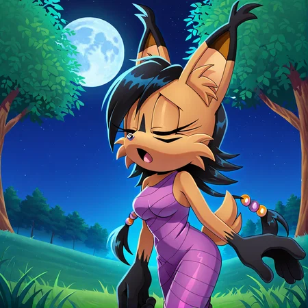 <lora:nicole_lynx_illustrious-000010:1>, (masterpiece), (best quality), (ultra-detailed), amazing quality, very aesthetic, illustration, perfect composition, intricate details, absurdres, incredibly absurdres, nicole the lynx, 1girl, long hair, breasts, open mouth, gloves, dress, medium breasts, tail, closed eyes, outdoors, sky, tree, night, moon, grass, claws, purple dress, full moon, sonic the hedgehog \(series\), furry, furry female, black hair, animal ears, animal nose, animal ear fluff, solo, solo focus, body fur, brown fur, facial markings