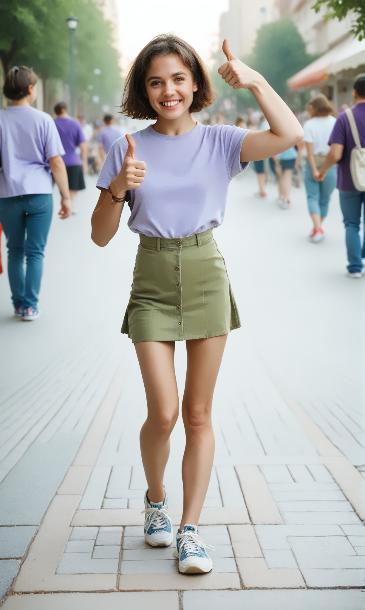 score_9, score_8_up, score_7_up, thumup, 
onhabe, (slim 25yo girl) in green short skirt and purple shirt and (sneakers) giving thumb up, with one hand, arm bent
in a (crowded park).  short brunette hair  
 <lora:ThumbUpPony:1>