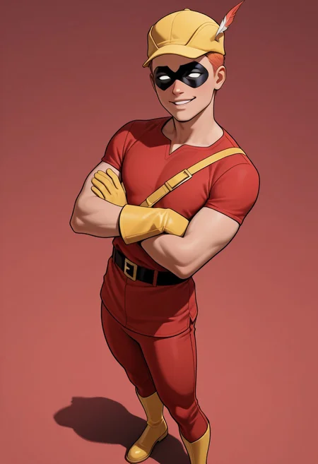 masterpiece, absurdres, high quality, perfect anatomy, 1boy, solo, cute boy, male focus, Speedy, Orange Hair, Domino Mask, White Eyes, Yellow Cap, Red Tunic, Red Pants, Yellow Gloves, Yellow Boots, smug smile, parted lips, arms crossed, cinematic, intricately detailed illustration, depth of field, masterpiece, best quality, amazing quality, very aesthetic, absurdres, newest, very awa, shadow, dynamic angle, casual cosplay, dynamic pose, simple background, red theme