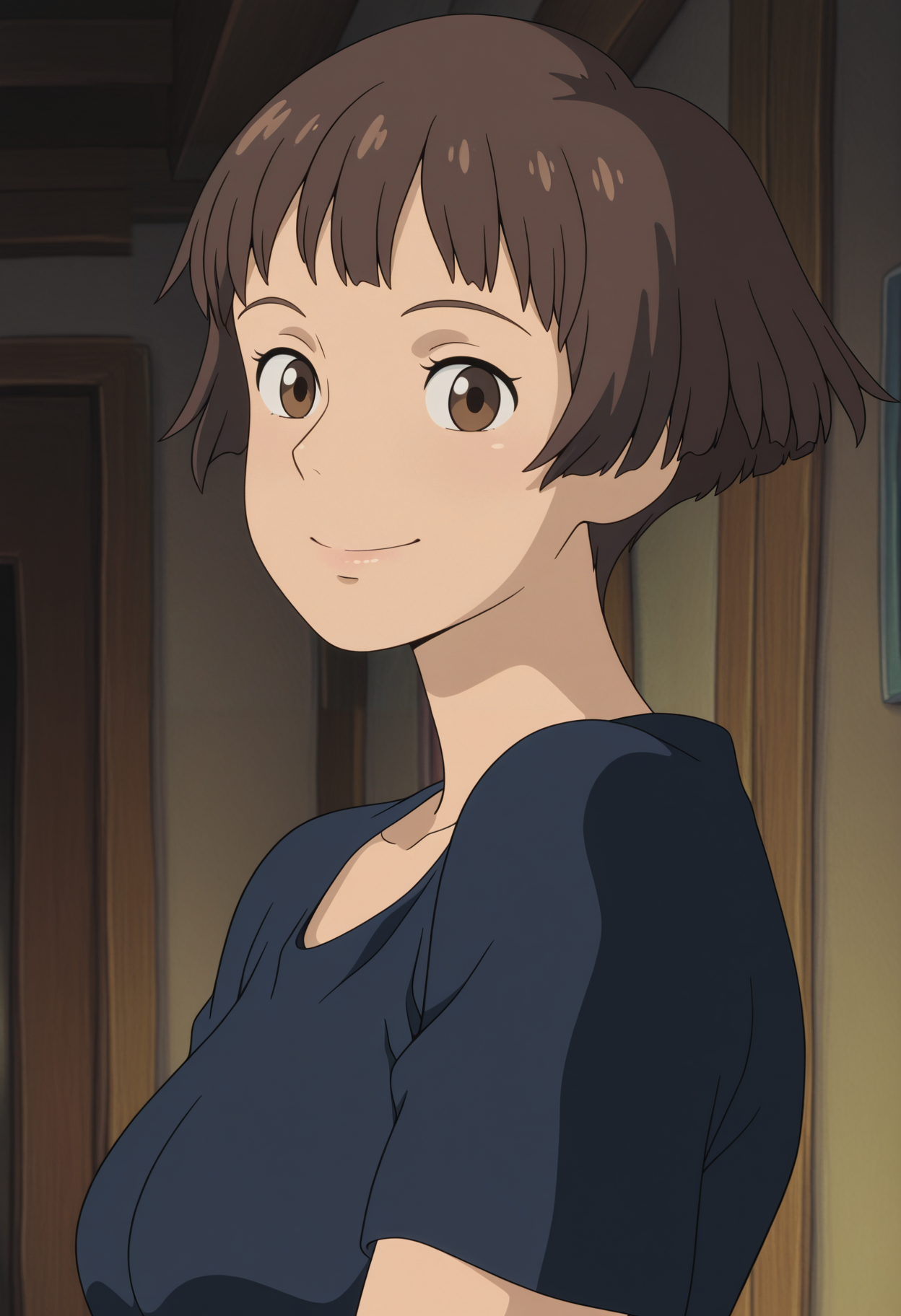 1girl,solo,mm,mature female,brown hair,short hair,brown eyes,anime coloring,
shirt,upper body, looking at viewer, smile,indoors
,masterpiece,best quality,amazing quality,<lora:Lisa-Gake_no_Ue_no_Ponyo:0.8>