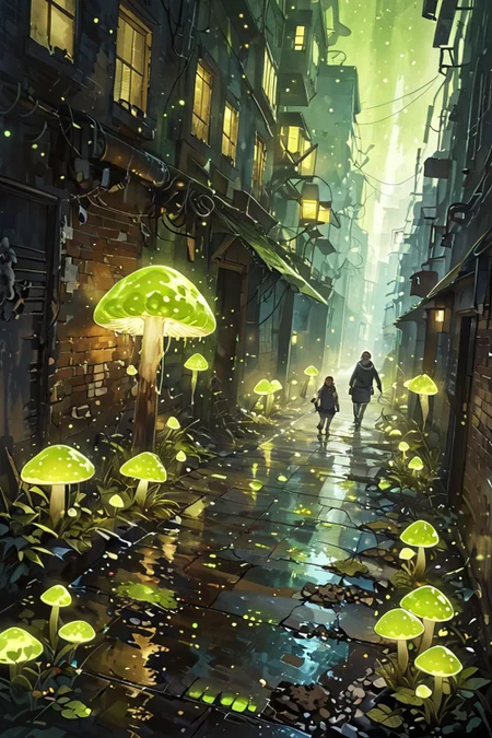 detailed background,Cinematic Lighting,film grain,score_9,score_8_up,score_7_up,masterpiece,best quality,highly detailed,
<lora:(增强)sdxl_lightning_8step_lora:1>,<lora:glowneon_xl_v1:1>,glowing,<lora:ExpressiveH:0.8>,Expressiveh,<lora:(增强)Hands XL 4:1>,hand person,<lora:ArsMJStylePony - Watercolor:0.4>,arsmjstyle,watercolor,
(Dark Street Alley:2),(hyper detailed:2),(ultra sharp focus:2) night,dark:2,(glowing bioluminescence:2),small green mushrooms,glowing,(abandoned:2),earth element,water element,bones,(glowing moss:2),(glowing small green mushrooms:2),(small glowing dots:2),(glowing green particles:2),glowing particles,(glowing mushrooms:2),dynamic angle,(best quality:1.9),(masterpiece:1.9),(highest detailed:1.9),(angle:1.9),pov,perfectly lighted,(contrast),(saturated),(((sharp focus))),