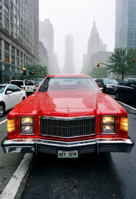 gleaming red Ford LTD, front view, New York avenue, bright headlights, foggy morning, Manhattan skyscrapers background, 4K, highly detailed, ((grainy 35mm photo))