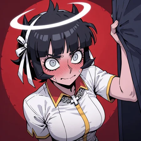 masterpiece, best quality, newest, absurdres, highres, FCMXV1.0, 1girl, azazel (helltaker), short hair, black hair, halo, white shirt,