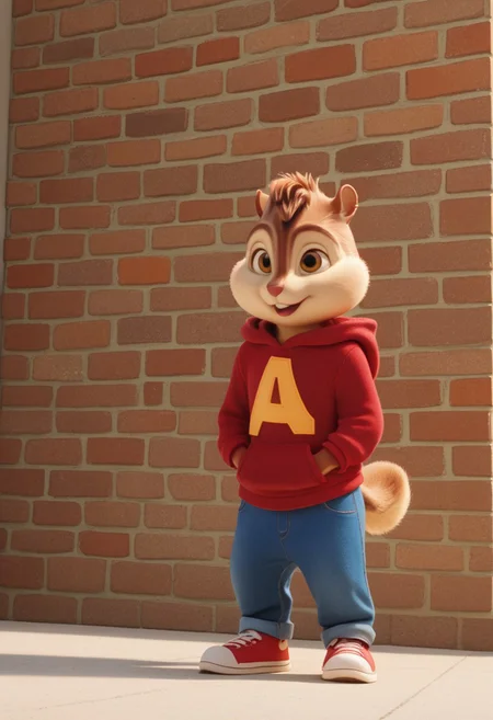Score_9, score_8_up, score_7_up, source_furry, Alvin Seville, chipmunk, chipmunk male, furry male, furry, 3d, render, movie screencap, brown eyes, red hoodie, blue jeans, sneakers, tail, hands in pockets, large feet, floral wall , carpet, windows, <lora:Alvin _Seville __Alvin_and_the_Chipmunks__CG_Movie_version:0.8>