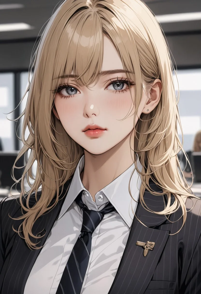 closed mouth, blond hair , long hair, grey eyes, disheveled hair, graceful face, big breasts, constricted waist, nice body, lips, sexy mouth, adult, beautiful white skin, Beautiful clear skin,
cinematic, (masterpiece), (best quality), (ultra-detailed), very aesthetic, illustration, perfect composition, intricate details, absurdres, detailed face, closed mouth, portrait
office suit, tie, office lady