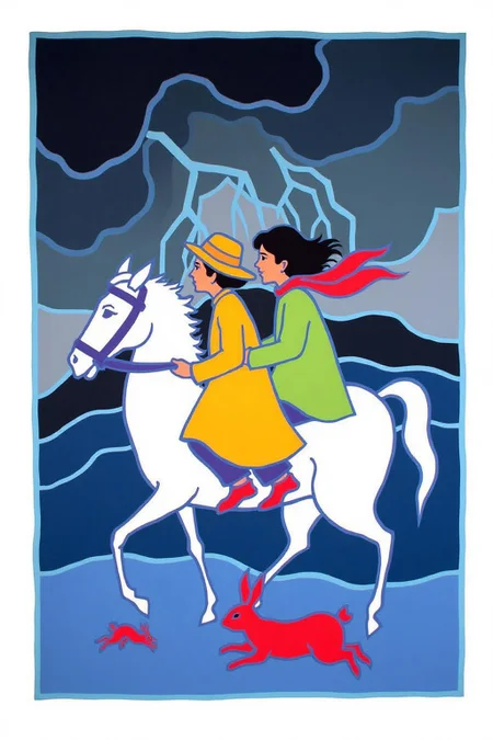 teha1 illustration.
two figures riding a white horse against a dramatic, stormy background. The rider on the left wears a bright yellow coat and a wide-brimmed hat, while the rider on the right wears a green coat and a red scarf that billows behind them, suggesting movement. There is a red rabbit running on the ground. <lora:teha1_cap_d6a3e11:1.0><lora:827654826881104215:0>