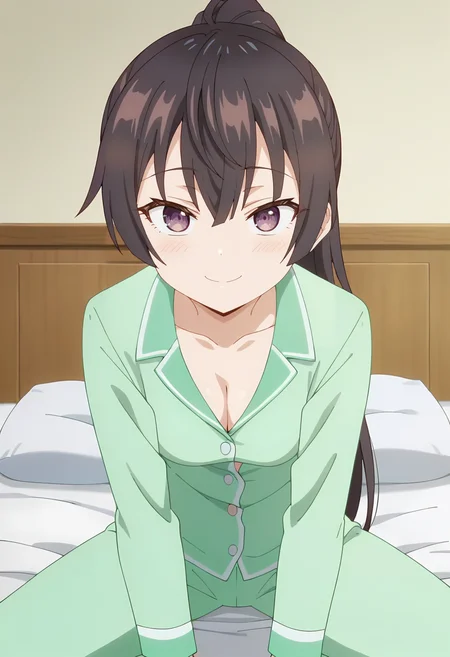 Yuki Suou, long hair, solo , black hair, hair between eyes, brown eyes, purple eyes, ,brown hair, pajamas, smile, ponytail, collarbone, long sleeves, green pants, looking at viewer, cleavage, green shirt, on bed, sitting , spread legs, from below, bent forward<lora:Yuki Suou-000013:0.9> , small breasts, score_9, score_7_up,anime coloring ,source_anime, anime, anime screencap