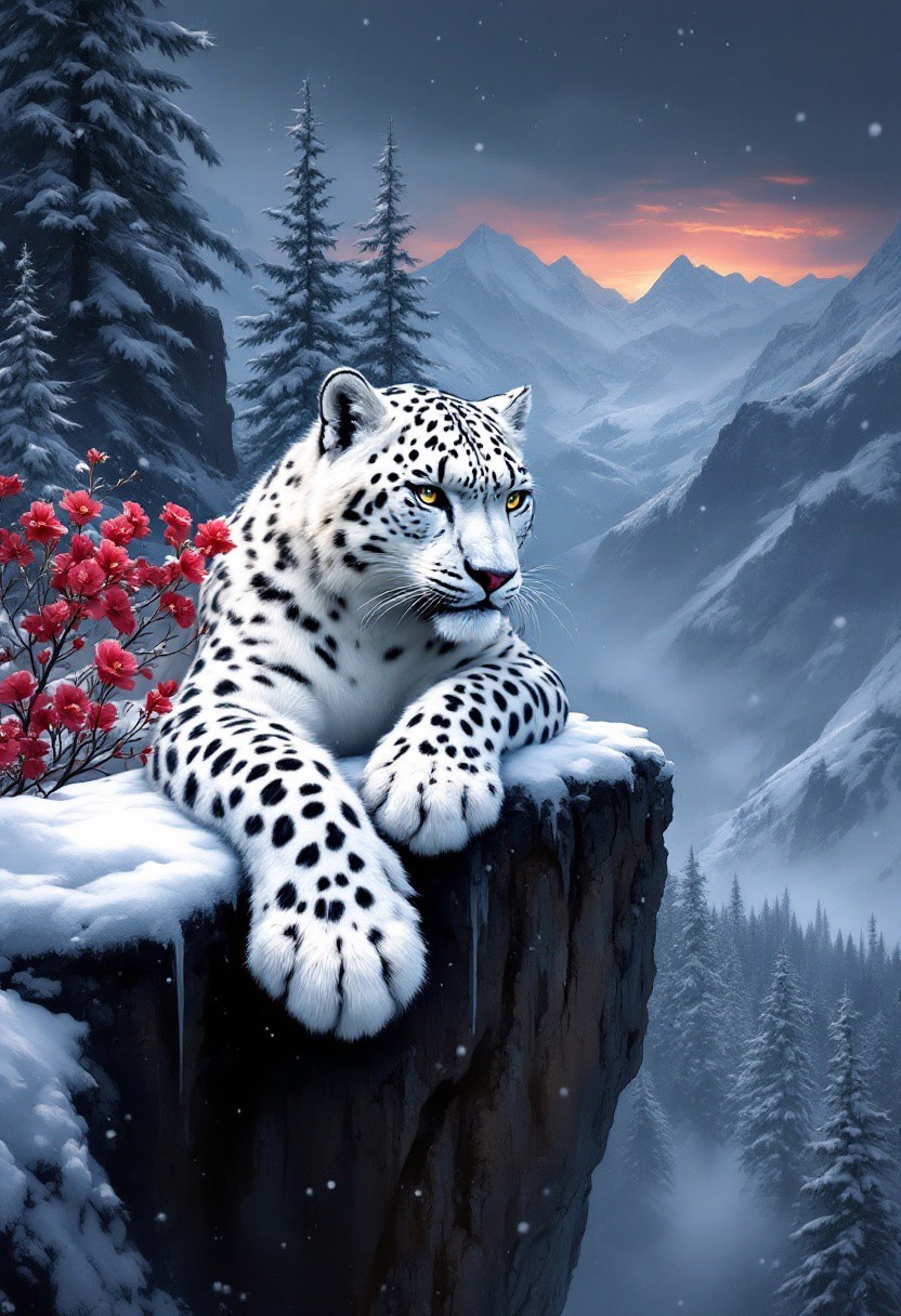Vibrant brushstrokes dance across the canvas as a majestic white snow leopard lies precariously close to the edge of a rugged cliff. Its paws dangle down amidst crimson flowers blooming in the snow, surrounded by towering fir trees against the somber backdrop of black winter mountains. As night falls, the air is heavy with darkness and gloom, yet a hint of burgundy sunlight lingers on the horizon, casting an ethereal glow across the scene. Winter's chill is palpable as snowflakes gently fall, capturing every detail in high definition.