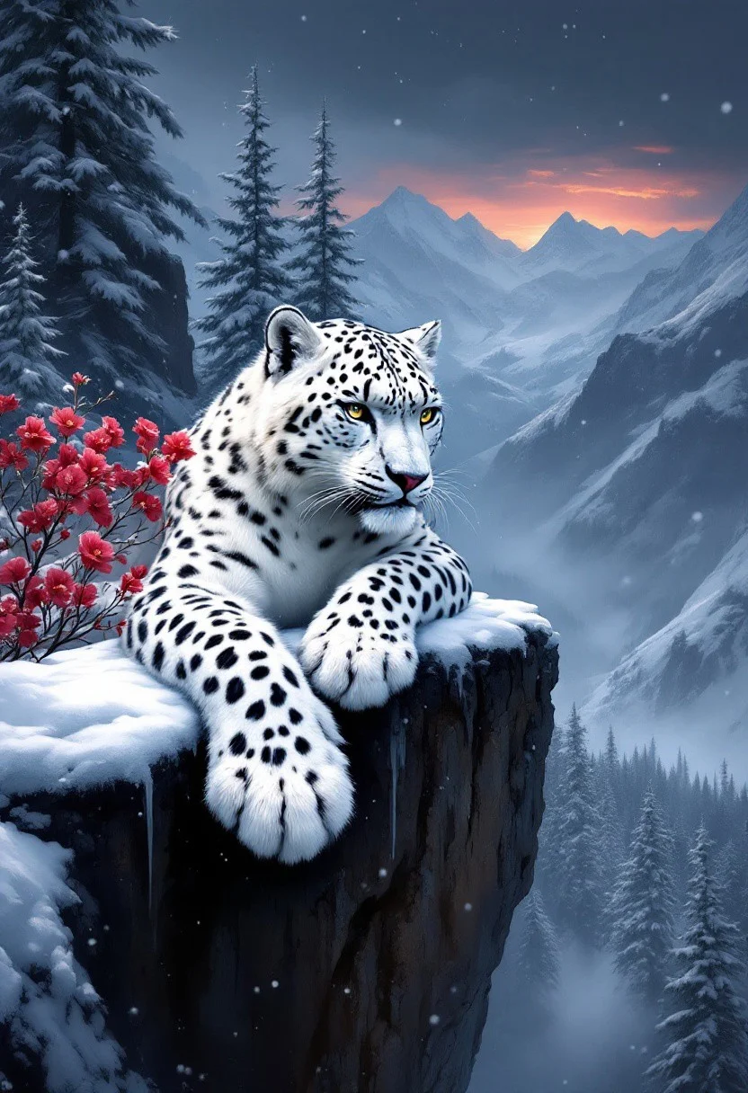Vibrant brushstrokes dance across the canvas as a majestic white snow leopard lies precariously close to the edge of a rugged cliff. Its paws dangle down amidst crimson flowers blooming in the snow, surrounded by towering fir trees against the somber backdrop of black winter mountains. As night falls, the air is heavy with darkness and gloom, yet a hint of burgundy sunlight lingers on the horizon, casting an ethereal glow across the scene. Winter's chill is palpable as snowflakes gently fall, capturing every detail in high definition.