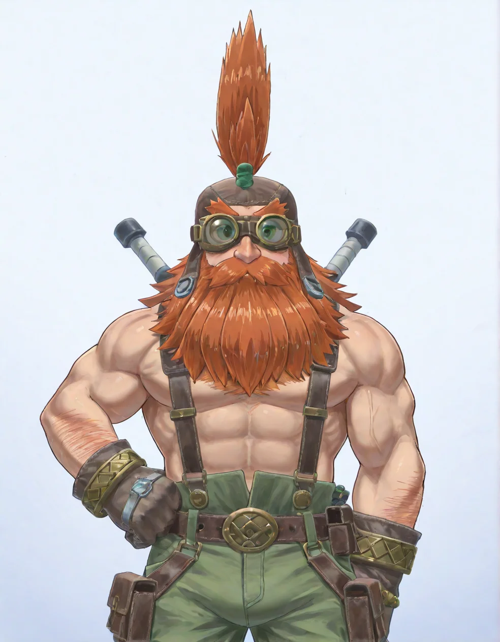 (2D,masterpiece,best quality,amazing quality,very aesthetic,high resolution,looking at viewer,ultra-detailed,solo,source_anime,cute,lovely,Simple background,Cowboy Shot,straight-on,from front), Malakai Makaisson,gloves,wear goggles,suspenders,one hand on hip,brown cap,bracelet,belt,green pants,Beard,<lora:Malakai_Makaisson:1>