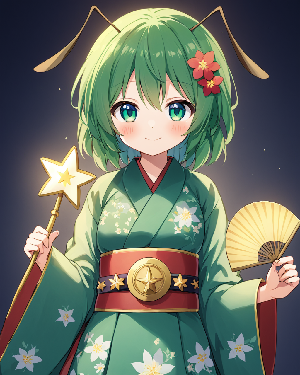 wriggle nightbug, solo, 1girl, layered_clothes, smile, antennae, blush, alternate_costume, hand_fan, closed_mouth, green_kimono, wide_sleeves, holding, long_sleeves, floral_print, flower, looking_at_viewer, sash
<lora:wriggle_nightbug_image3698_2023-12-11-000006:1>,star-shaped_pupils,symbol-shaped_pupils,. gorgeous,key visual, vibrant, studio anime,award-winning, professional, highly detailed,high budget, cinemascope