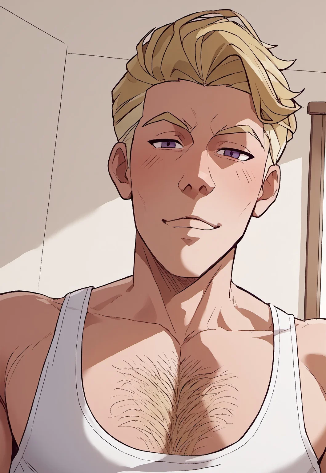 safe_pos, score_9, score_8_up, score_7_up, source_anime, rating_nsfw, male focus. ultra hd, absurdres, solo, masterpiece, best quality, best aesthetic, Expressiveh, wolfconf, burankoprn!, 1boy
JabJude, blonde hair, short hair, white tanktop, portrait, headshot, looking at viewer, bedroom, chest hair