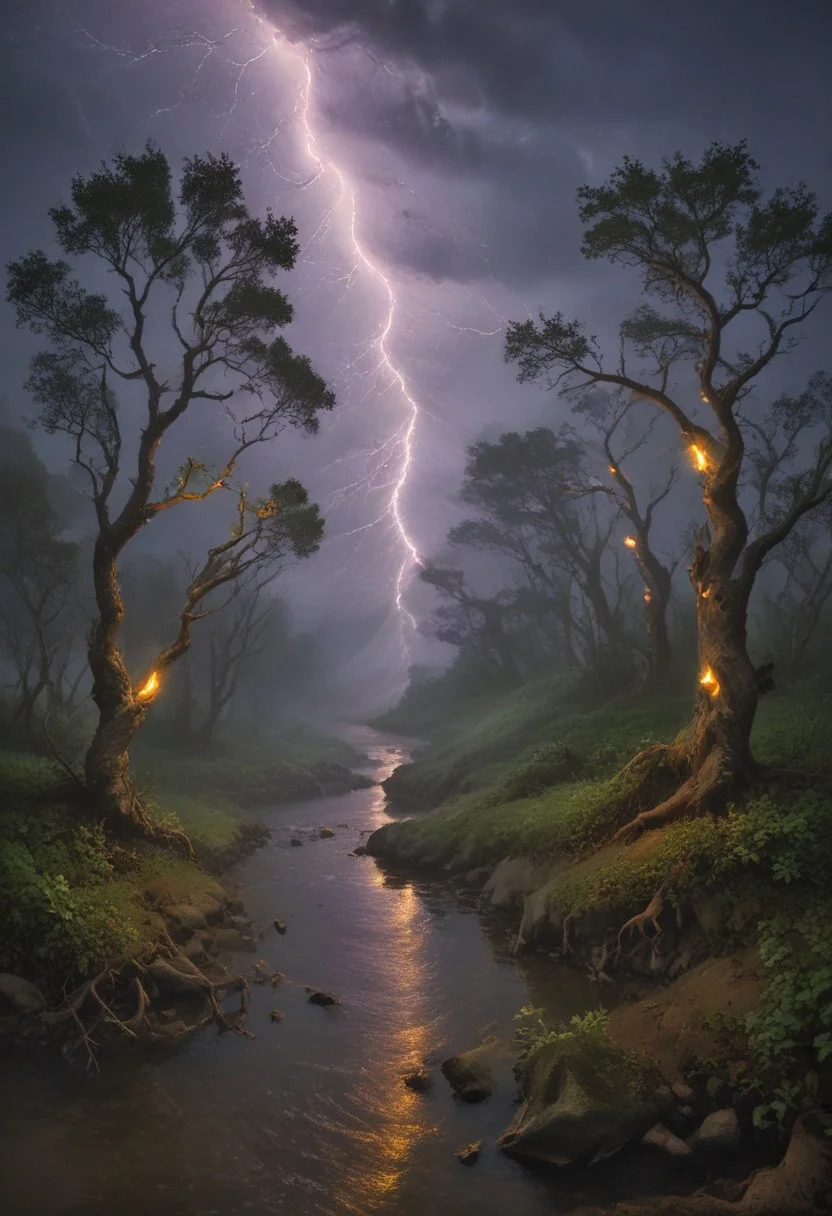 In a breathtaking and otherworldly scene, a mystical landscape is dramatically illuminated by a fierce, electric storm. A rolling meadow, bathed in twilight, stretches beneath a tempestuous sky where jagged bolts of lightning crackle and splay across the darkening canvas. The lightning, vivid and pulsating with electric blues and radiant purples, casts dramatic shadows and highlights across the whimsical terrain. Enchanted trees, with their swirling, luminescent branches, seem to dance in response to the storm’s fury, their foliage shimmering with iridescent colors that mirror the lightning’s intensity. A serene river, previously tranquil, now ripples with kinetic energy as the lightning’s reflection distorts its surface, creating a shimmering tapestry of light and shadow. Fantastical creatures, caught in the storm’s electrifying glow, appear to both shimmer and dissolve into the landscape, their forms momentarily illuminated by each flash. The artwork merges the serene beauty of a dreamlike world with the raw power of nature, capturing a moment of awe-inspiring contrast where peace and chaos coexist in a mesmerizing visual symphony.