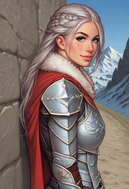 1girl, ((side view))), illustration, looking at viewer, highly detailed, from front, 1girl, illustration, looking at viewer, highly detailed, skinny, looking at viewer, 1girl, masterpiece, best quality,
raw, movie poster, masterpiece, extremely detailed, hyperrealism, photo, perfect anatomy, magnificent young warrior princess, full body, dramatic lighting, shadow play, romantic, heroism, epic, determination, proud, eternal beauty, detailed face, very long hair, very dark brown hair, beautiful blue eyes, battlefield background, massive plate armor, masculine body, muscular, heavy arms armor, red cape, fur collar, sword, BREAK
slight smile, looking at viewer, fur coat, dynamic pose,
BREAK
long hair, silver hair, hair over one eye, blue eye, big hair, dynamic pose
BREAK
best quality, depth of field, bokeh, (((full clothed))), ((ready to fight, holdind big sword in hands, big two-handed sword in hands)), highlander
BREAK
(((((snow, stones, mountains))))) score_9, score_8_up, score_7_up, score_6_up, source_cartoon, rating_explicit, Expressiveh, (((((upper body))))), dynamic pose