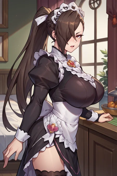 score_9, score_8_up, score_7_up, score_6_up, source_anime, BREAK 1girl, solo <lora:kagero-pdxl-nvwls-v1-000006:1> halKagero, ponytail, hair over one eye, maid headdress, maid dress, apron, frills, black thighhighs, large breasts, from side, looking at viewer, chestnut mouth, bedroom, nightstand
