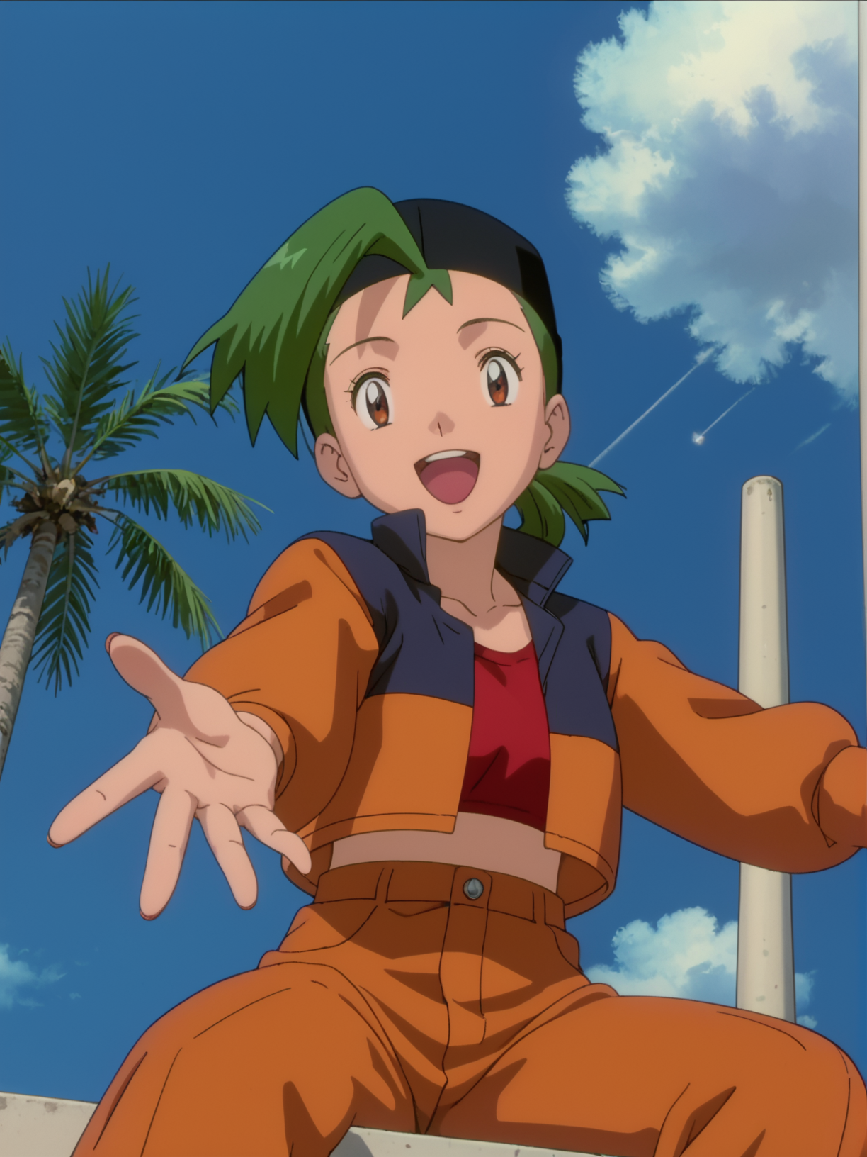 score_9, score_8_up, score_7_up, 1girl, solo, source_anime, anime_screencap, pkmMaren, green hair, orange pants, <lora:pkmMaren:1> sitting, looking down at viewer, open mouth, happy, cowboy shoot, reaching out detailed hand towards viewer, cinematic view, cinematic angle, close up, outside, low angle view shoot,