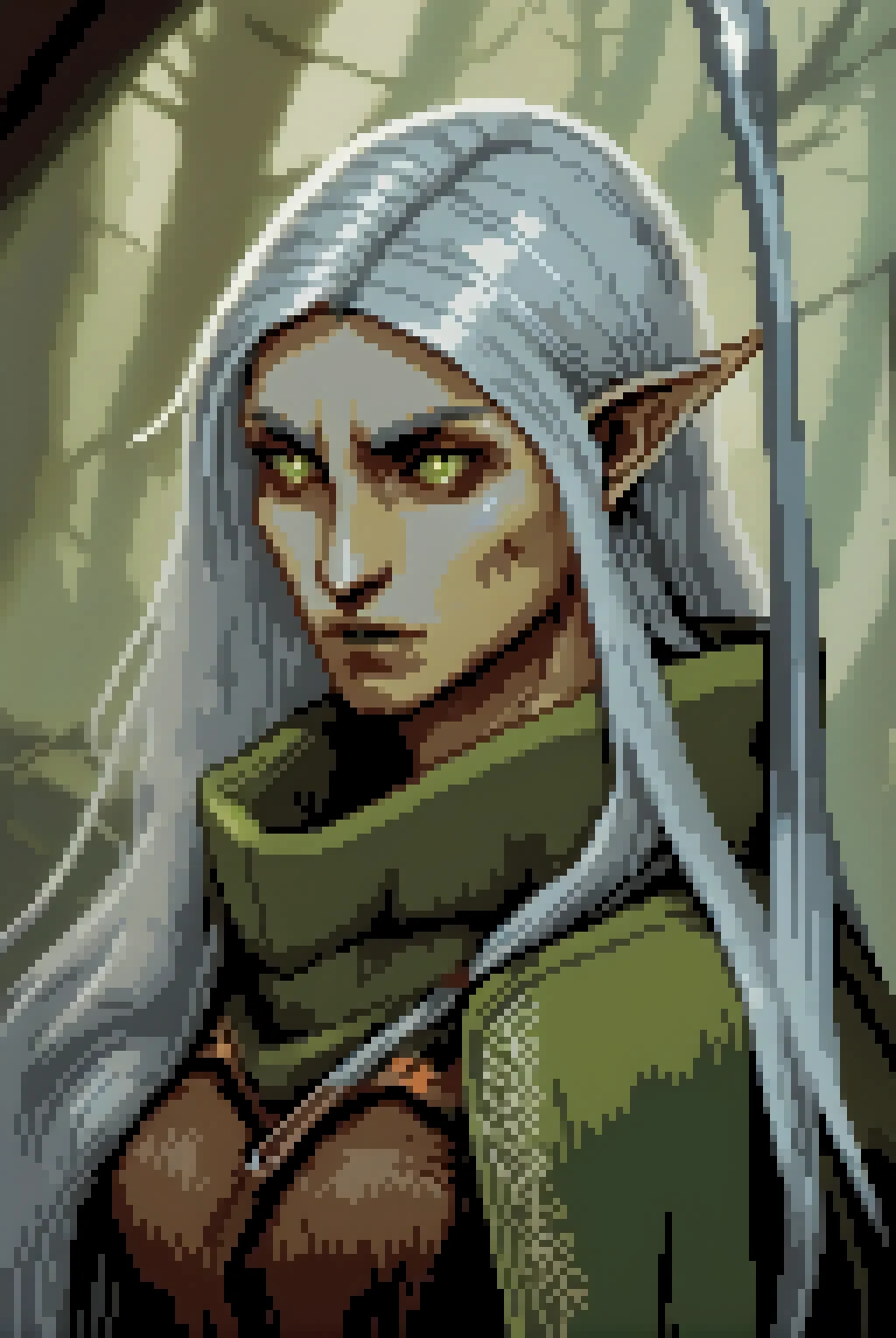 An elf with long, silver hair flowing down their back, pointed ears peeking through. They wear a green cloak over leather armor, a quiver of arrows slung over their shoulder, and a longbow in hand. Their eyes gleam with an ethereal light, suggesting a deep connection to nature. <lora:pixelportraits192-v1-2151:0.75>