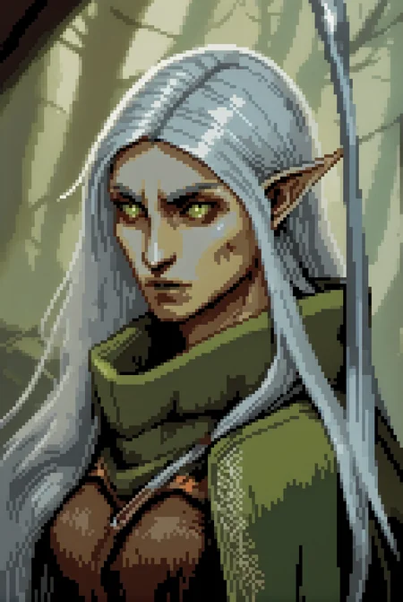 An elf with long, silver hair flowing down their back, pointed ears peeking through. They wear a green cloak over leather armor, a quiver of arrows slung over their shoulder, and a longbow in hand. Their eyes gleam with an ethereal light, suggesting a deep connection to nature. <lora:pixelportraits192-v1-2151:0.75>