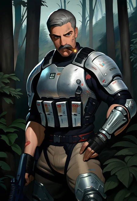 1boy, black-mustache, very-short-hair, grey-hair cigar, futuristic breastplate, khakis, knee-pads, shoulder-pads, dirty, fingerless-gloves, holding-assault-rifle, cowboy-shot, forest, masterpiece, best quality, newest, absurdres, highres <segment:hand//cid=11>masterpiece, best quality, newest, absurdres, highres, bandaid
