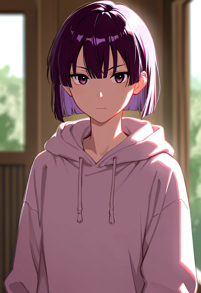 ,masterpiece, very aesthetic,8k,masterpiece, best quality, upper body,chiakitani, chihair, 1girl, solo, short hair, purple hair, hood, hoodie, looking at viewer,
, impressionism 1.5, high detail, depth of field, blurred background, dramatic lighting