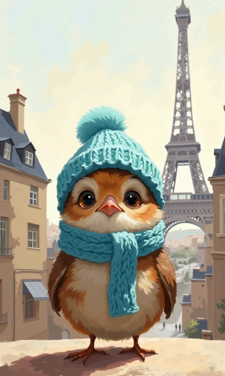 Close-up of a digital painting.
A small, stylized bird, likely a sparrow, is the central focus. It's dressed in a light-blue knitted hat with a fluffy pom-pom, and a matching, textured, light-blue scarf. The bird's plumage is a mix of light brown, tan, and darker brown markings, creating a speckled or mottled appearance. Its eyes are large and round, a deep brown or dark blue color, and are positioned in a way that conveys a gentle and curious expression. The beak is pinkish-orange, and its body posture suggests it is calmly perched.
The background features parts of a Parisian cityscape. Notably, the Eiffel Tower is visible in the middle ground, subtly rendered in muted tones. Buildings with light tan and cream-colored facades, characteristic of European architecture, are seen in the far background. The overall color palette is soft and muted, with pale colors creating a gentle, warm, and inviting feel. The style is clearly a digital painting, with meticulous detail. The lighting in the painting casts a gentle glow on the bird and softens the tones of both the bird and the background.
<lora:FLUX-daubrez-DB4RZ-v2:1> DB4RZ, DB4RZ style painting