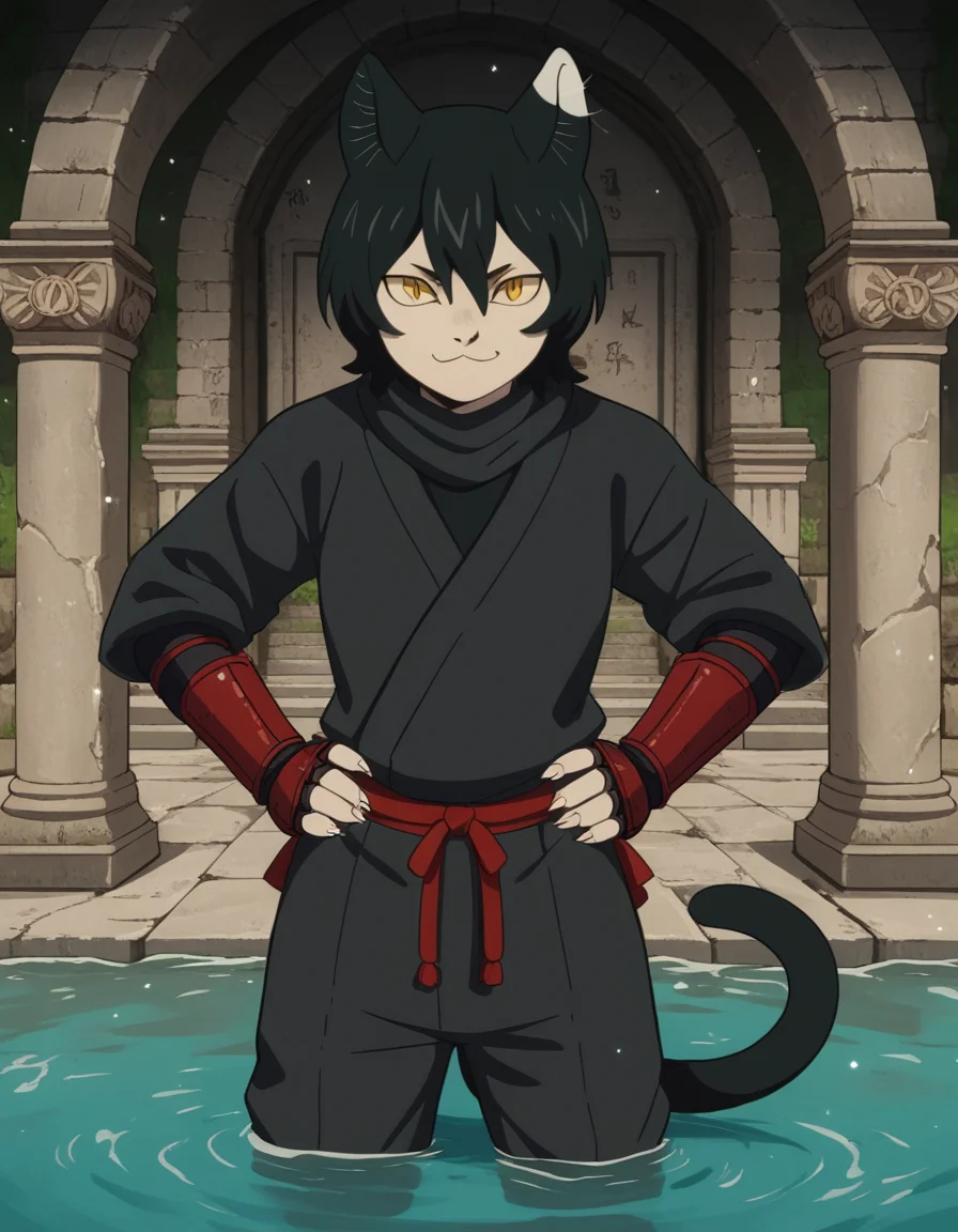 score_9, score_8_up, score_7_up, source_anime, <lora:izutsumi-s1-ponyxl-lora-nochekaiser:1>, izutsumi, black hair, animal ears, tail, yellow eyes, cat ears, cat tail, cat girl, slit pupils,, japanese clothes, gauntlets, ninja, black shirt, black pants,, aqueduct, water, stone, arches, ancient, , smug, hands on own hip,, looking at viewer, solo,, dutch angle, cowboy shot