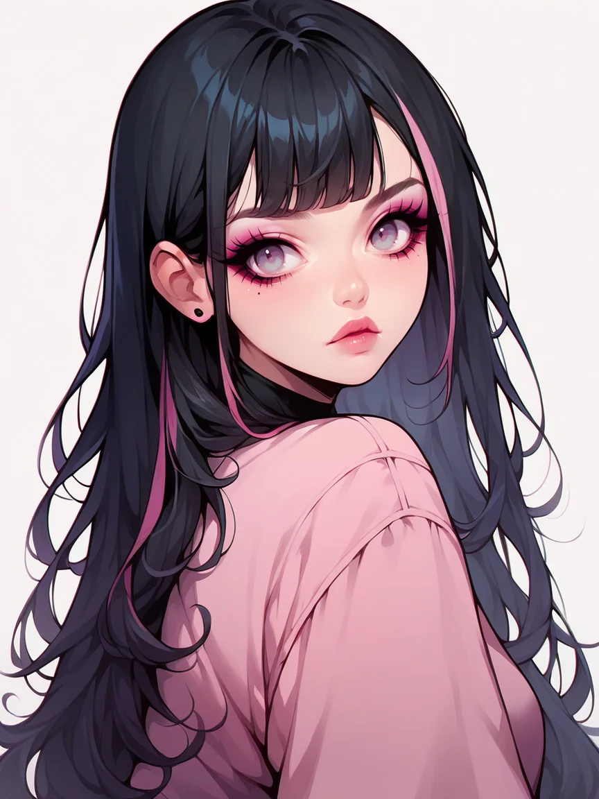 source_anime, score_9, score_8_up, score_7_up, score_6_up, score_5_up, <lora:egirlXLP:1> egirl, 1girl, solo, long hair, makeup, black hair, pink streaked hair,