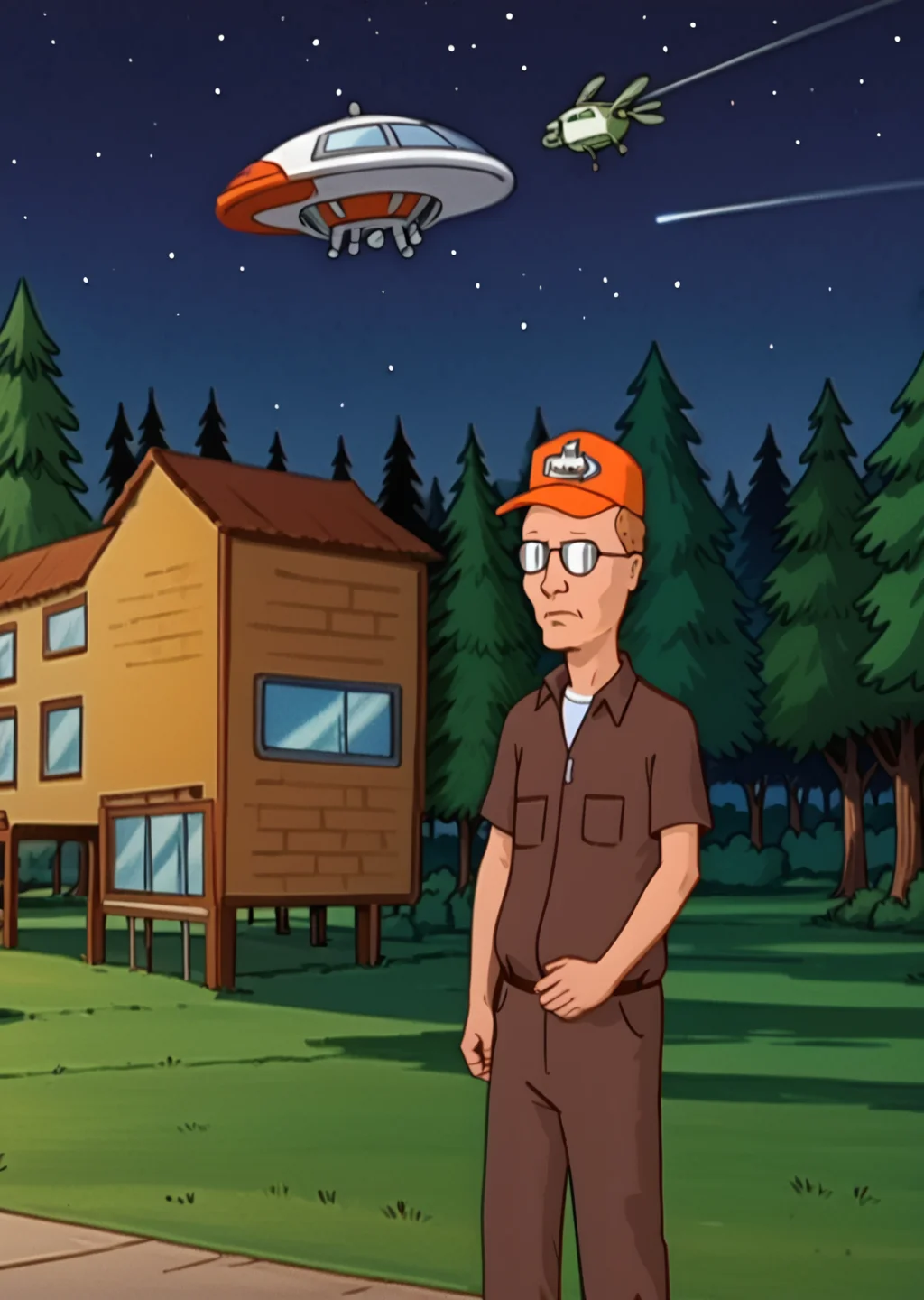 Dale Gribble, standing, looks confused, hat, glasses, night, forest, UFO in sky, <lora:Dale_GribblePony:1>