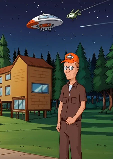 Dale Gribble, standing, looks confused, hat, glasses, night, forest, UFO in sky, <lora:Dale_GribblePony:1>
