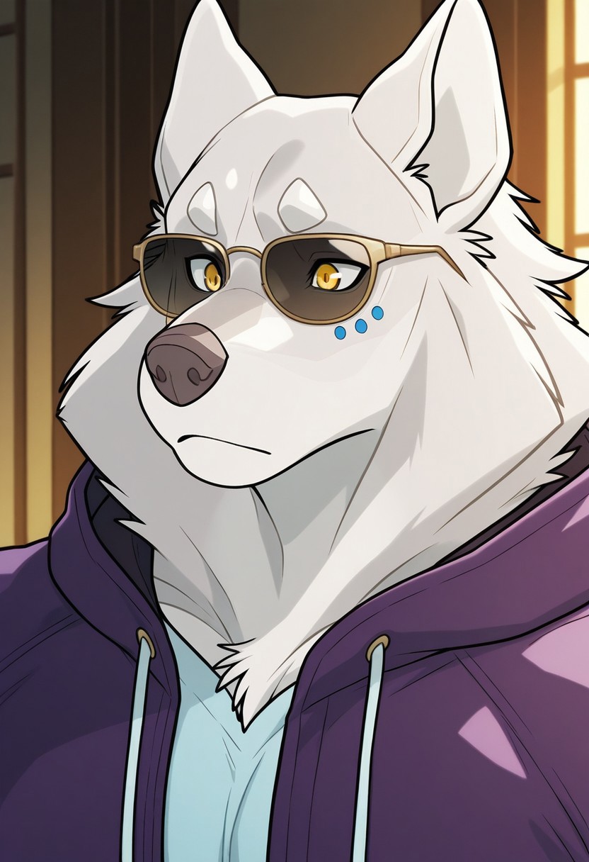 <lora:LugV4:0.8>, Lug_(anhes), solo, wolf boy, yellow eyes, eye marking, white fur, furry, muscular, mature, manly, face focus, portrait, light blue shirt, purple hoodie, sunglasses,  BREAK masterpiece, best quality, amazing quality, very aesthetic, high resolution, 4K, extremely-detailed, depth of field, separate focus, newest, scenery, detailed fur, detailed muscles, cinematic lighting