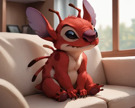 score_9, score_8_up, score_8, <lora:Leroy_aka_Experiement_627_Leroy_and_Stitch_for_PonyXL:0.8> 1boy, furry, antennae, ler0y, solo, black eyes, sitting on couch, window, detailed backround