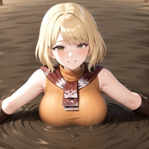 ashley graham, brown eyes, bangs, red scarf, (orange sweater:1.2), sleeveless turtleneck, green miniskirt, belt, pantyhose, (giantess breast:1.5), partially submerged, in mud, flooding up to the chest, upper body, (village:1.5), (mud:1.5), (pov:1.5), (raised eyebrows:1.2), :o, blush, (sinking:1.1), (seductive smile:1.5), ,
