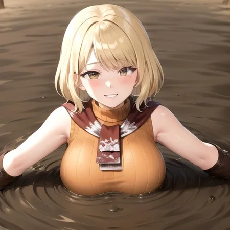 ashley graham, brown eyes, bangs, red scarf, (orange sweater:1.2), sleeveless turtleneck, green miniskirt, belt, pantyhose, (giantess breast:1.5), partially submerged, in mud, flooding up to the chest, upper body, (village:1.5), (mud:1.5), (pov:1.5), (raised eyebrows:1.2), :o, blush, (sinking:1.1), (seductive smile:1.5), ,
