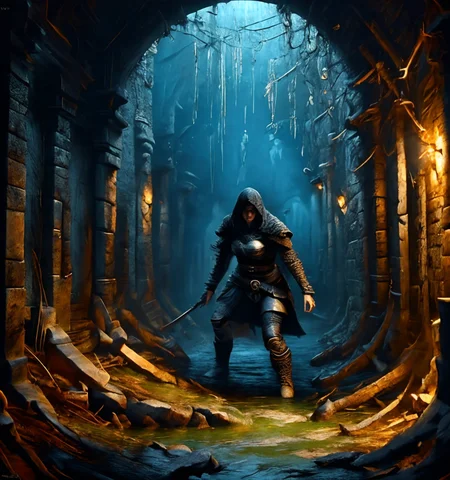 RAW photo, (masterpiece:1.3), subsurface scattering, heavy shadow, (high quality:1.4), (intricate, high detail:1.2), professional photography, HDR, High Dynamic Range, realistic, ultra realistic, photorealistic, high resolution, film photography, ambient lighting, atmospheric effects, <lora:detail_slider_v4:2.5>, OverallDetail,  <lora:Sewers:1>, sewers, FaRo, <lora:FantasyRogues:0.75>, a female rogue in leather armor, hood, dark cloak, dynamic pose, in a dark, medieval sewer, fantasy, water, green light