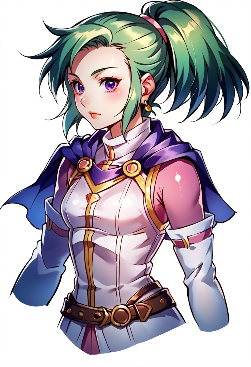 score_8, score_8_up, score_7_up, score_6_up, source_anime, BREAK, 1girl, solo, female focus, Karis_GS, 1girl, green hair, ponytail, purple eyes, earrings, blue capelet, small breasts, mandarin collar, white coat, ribbon trim, gold trim, crossed belts, pink miniskirt, pink undershirt, pink sleeves, white gloves, elbow gloves, bracelet, black pantyhose, white boots, full body, conceptart,multiple views,white background,simple background
