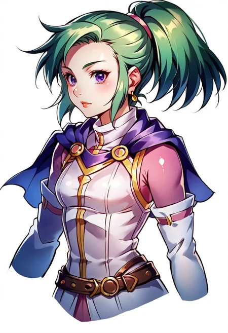 score_8, score_8_up, score_7_up, score_6_up, source_anime, BREAK, 1girl, solo, female focus, Karis_GS, 1girl, green hair, ponytail, purple eyes, earrings, blue capelet, small breasts, mandarin collar, white coat, ribbon trim, gold trim, crossed belts, pink miniskirt, pink undershirt, pink sleeves, white gloves, elbow gloves, bracelet, black pantyhose, white boots, full body, conceptart,multiple views,white background,simple background