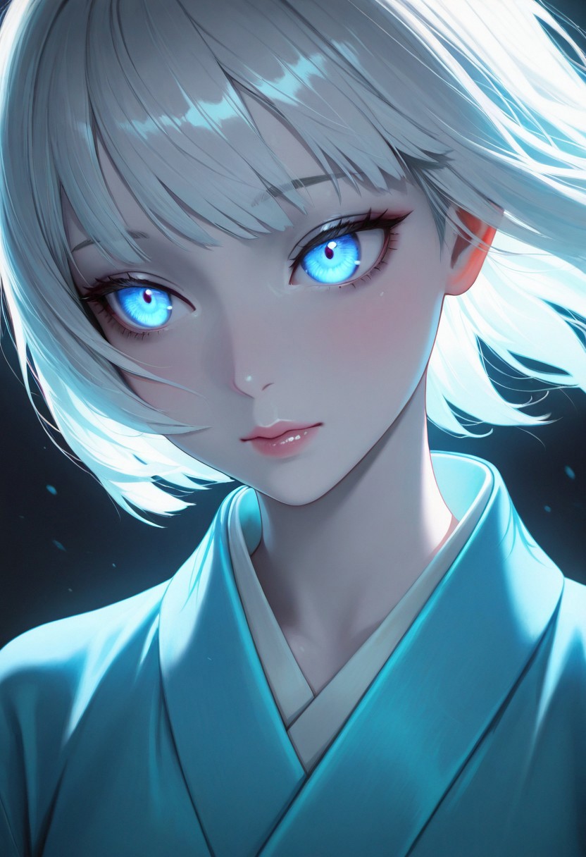 masterpiece,best quality,amazing quality, anime,
1girl, solo, A close-up of a serene anime girl with pale skin, colored skin, (white skin:1.3, long glossy white hair with bangs, glowing blue eyes with a hypnotic effect, soft warm lighting, wearing a light blue kimono, mysterious and cozy atmosphere, detailed hair texture, cinematic lighting, dark background, ultra-detailed, 8k resolution