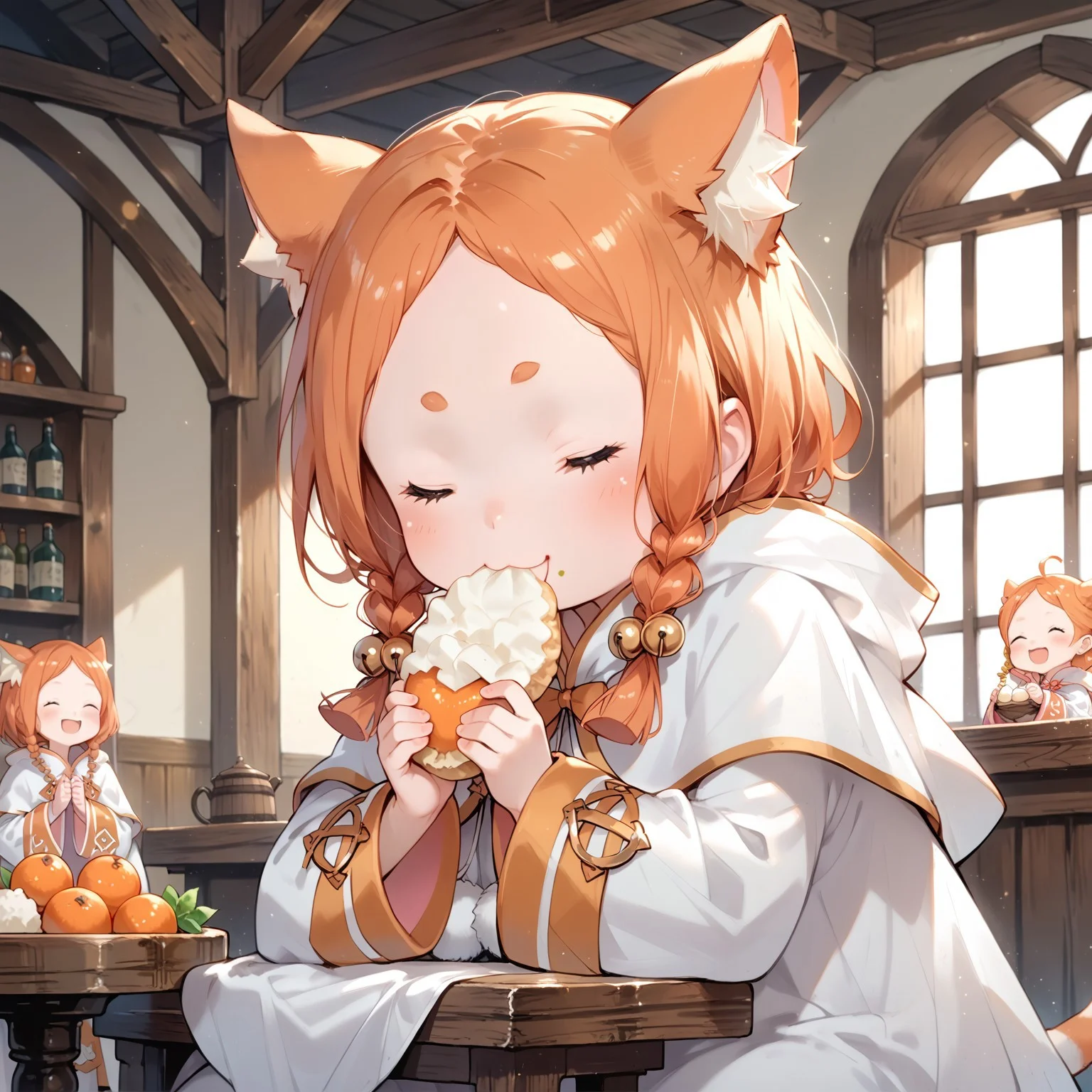 score_9, score_8_up, score_7_up, source_anime, 1girl,(ultra HD quality details), anime, mimipearl, white robe, hooded capelet, sleeves past wrists, tail, pom pom \(clothes\), sitting at table, eating dumplings, eyes closed, happy, bliss, delicious, :3, (detailed image, high resolution, 5k resolution:1.0), medieval tavern, sunset lighting