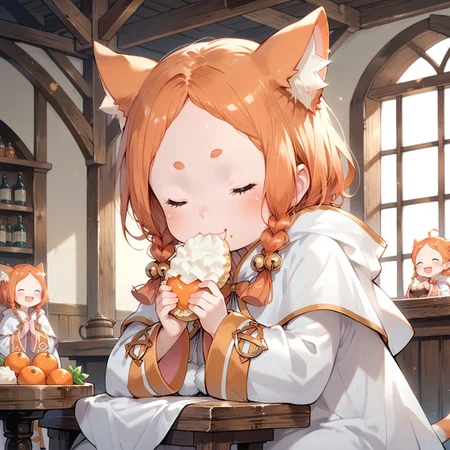 score_9, score_8_up, score_7_up, source_anime, 1girl,(ultra HD quality details), anime, mimipearl, white robe, hooded capelet, sleeves past wrists, tail, pom pom \(clothes\), sitting at table, eating dumplings, eyes closed, happy, bliss, delicious, :3, (detailed image, high resolution, 5k resolution:1.0), medieval tavern, sunset lighting