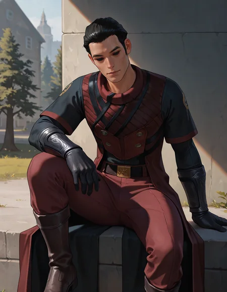 cinematic_depth, 8k, soft_lighting, warm_glow, ultra_high_quality, masterpiece, best quality, newest, perfect quality, best quality, detailed background, intricate details, male focus, solo, realistic, <lora:SWTOR - Vector Hyllus - Illustrious-000004:0.8>, swtor_vector, 1boy, black hair, short hair, sideburns, solid eyes, black sclera, long coat, belt, red pants, boots, wrist bracers, gloves, outdoors, three quarter view, looking at viewer, head tilt, sitting, on wall