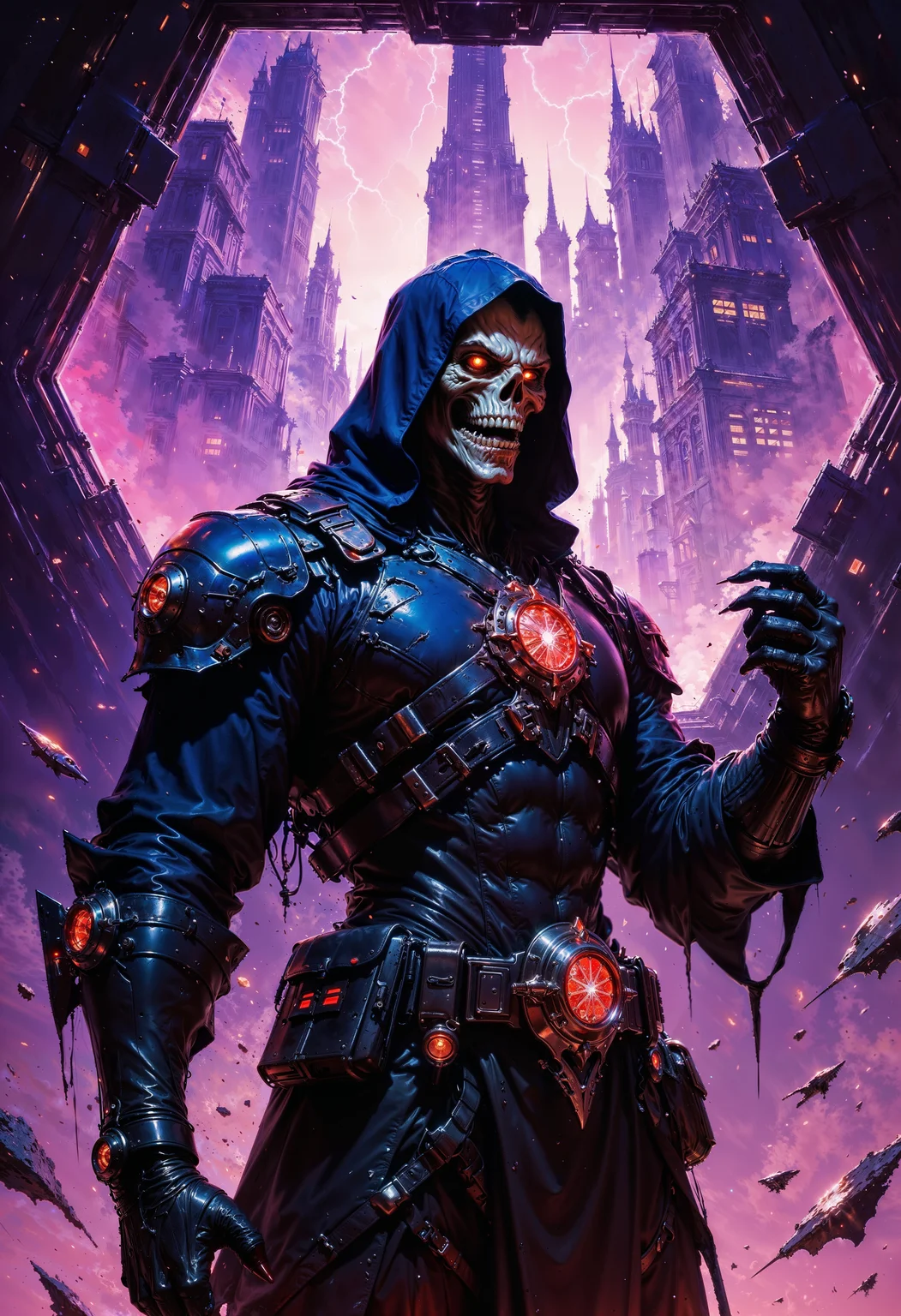 a highly detailed digital illustration in a futuristic, cyberpunk style. The central figure is a menacing, hooded figure with a skeletal face mask, emitting a faint red glow from its eye sockets. The figure is dressed in dark, tattered clothing with various metallic and mechanical elements, including a belt with pouches and a glowing circular device. The figure's left hand is raised, fingers splayed, and it is surrounded by floating debris, including pieces of metal and shattered glass. The background is dominated by a large, neon-lit hexagonal window with a vibrant purple and blue glow, displaying a complex, futuristic cityscape with tall buildings and various digital information. The sky is dark, with lightning illuminating the scene, adding to the intense atmosphere. The overall color palette is dark, with neon highlights of purple, blue, and red. The image is rich in texture, with a combination of smooth digital effects and rough, jagged lines, creating a sense of both high-tech sophistication and gritty, dystopian decay. The style is reminiscent of modern concept art used in video games and science fiction films.