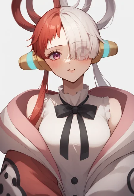 score_9,score_8_up,score_7_up,<lora:uta_(one_piece):1>,1girl, absurdres, bad_id, bad_twitter_id, black_bowtie, blush, eyes_visible_through_hair, hair_over_one_eye, hair_rings, highres, long_sleeves, off_shoulder, open_jacket, parted_lips, solo, split-color_hair, twintails, two-tone_hair, upper_body, uta_\(one_piece\), white_hair, white_shirt