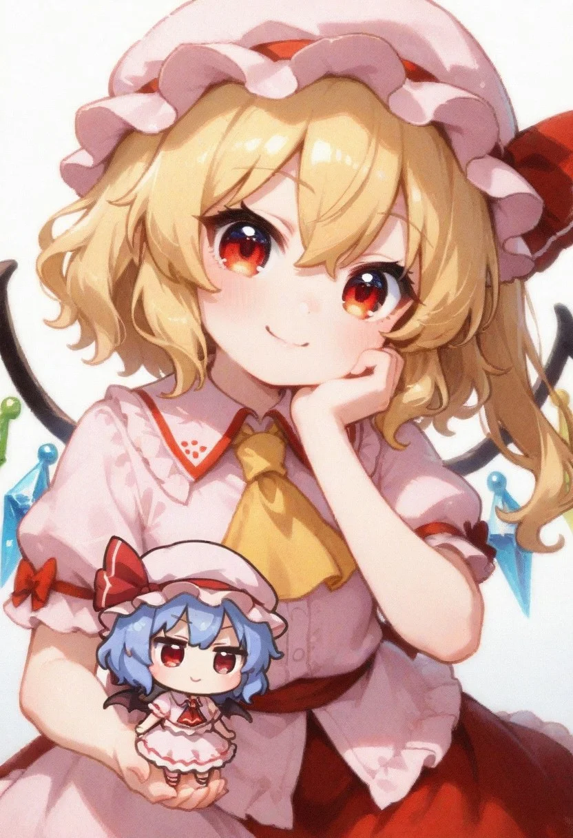 masterpiece, best quality, absurdres,masterpiece, best quality, very awa, absurdres,,water color,water color effect,,simple background,white background,arikuigames1105, chibi,no background
BREAK 
2girls,  zzRemilia, red eyes, blue hair, short hair, hat, ribbon, wings, ascot, hat ribbon, pink dress, bat wings, short sleeves, frills, puffy sleeves, zzFlandre, red eyes, blonde hair, one side up, hair between eyes,  wings, ascot, red skirt, hat ribbon, short sleeves, puffy sleeves, mob cap, red shirt,holding hands,smile,dynamic pose,interacting,chibi,2 chibi girls,2 chibi characters,cute