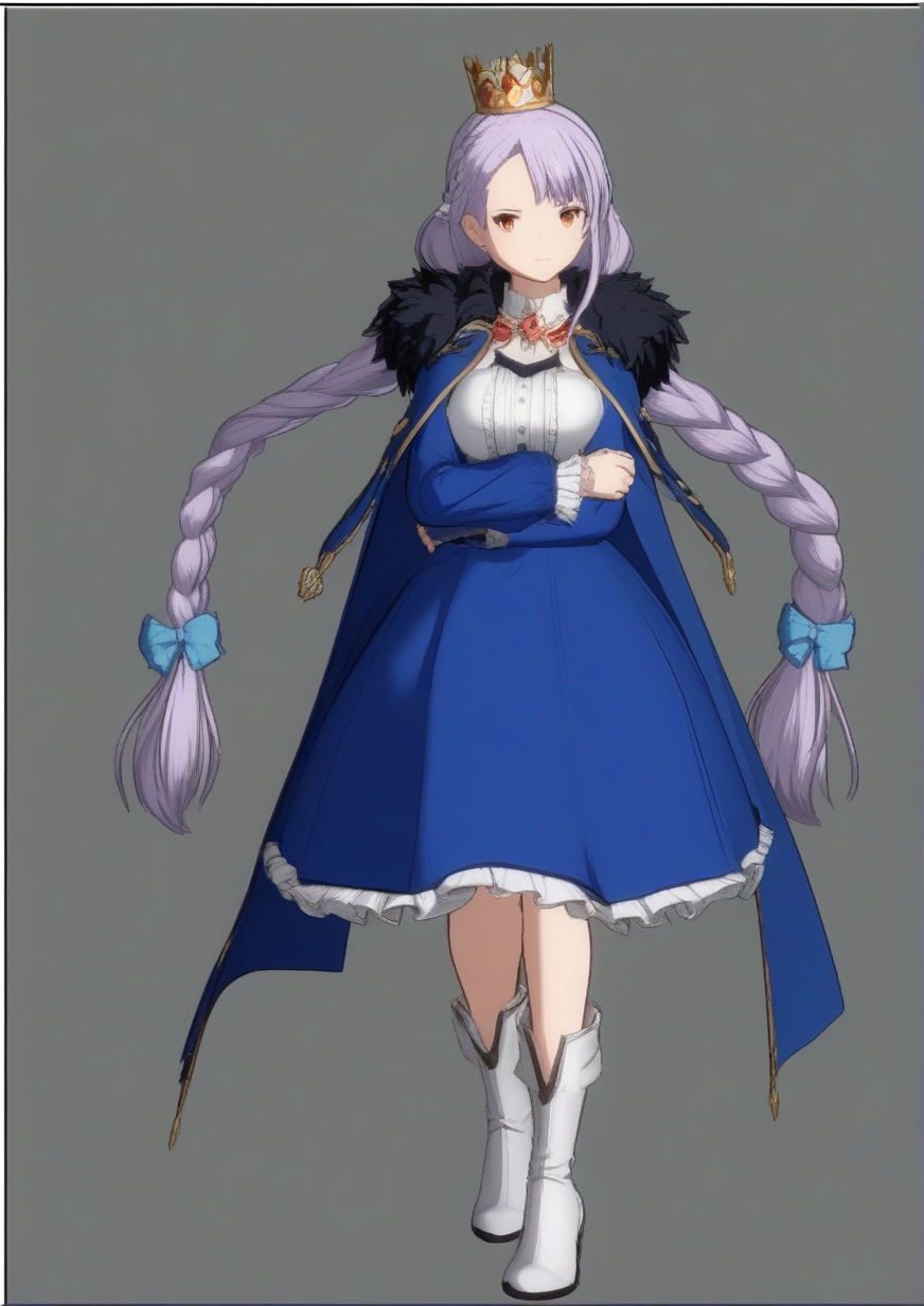 1girl, kv-2 (ash arms), huge breast, 3d, black border, blue cape, blue dress, blue eyes, boots, border, bow, braid, brown eyes, cape, closed mouth, coat, collar, crown, dress, frilled dress, frills, full body, fur-trimmed coat, fur-trimmed sleeves, fur trim, grey hair, grey headwear, hair bow, hair ornament, heterochromia, light frown, long hair, long sleeves, looking at viewer, low twintails, medium dress, open clothes, open coat, print dress, solo, standing, stuffed toy, twin braids, twintails, white collar, white footwear, zPDXL3 <lora:Granblue_Fantasy_Versus_Rising:0.8>