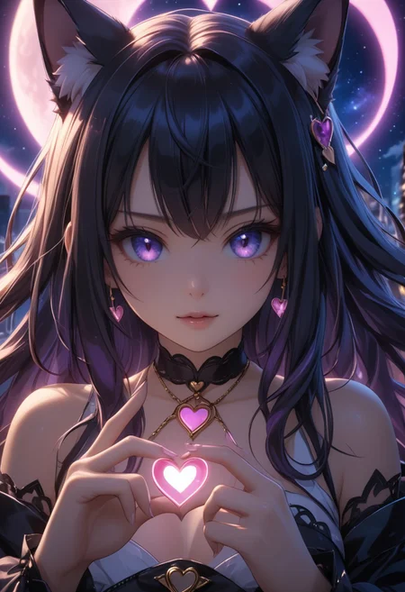 score_9, score_8_up, score_7_up, score_6_up, dynamic, (anime, masterpiece), best quality, (8k), detailed background, sharp focus, intricate, ambient lighting, super high quality, hyper detailed background, cinematic lighting, adult, double tone neon long hair, medium breasts, verybadimagenegative_v1.3, Moonlit, Starlight Piercing, Silken Shadows, Lunar Whisper, cat ears, showing a heart with fingers, heart fingers
