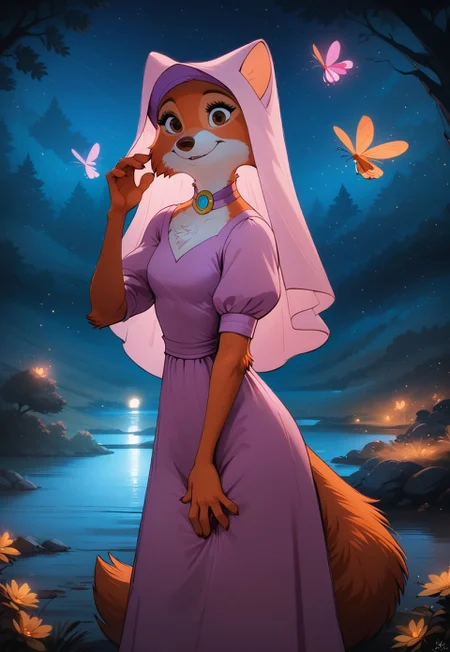 safe_pos, score_9, score_8_up, score_7_up, source_furry, rating_explicit, furry \(style\), toon \(style\), high-definition, masterpiece, best-quality, 4k, 2k, aburdres, perfect shadows, sharp focus, bokeh, extremely detailed CG unity 8k wallpaper, on model, flat color, upper body, MarianC, female, orange fur, brown eyes, brown nose, tail, pink wimple, broochC, purple dressC, pink chemiseC, outdoors, night, forest, lake, fireflies, light particles, soft glow, Expressiveh