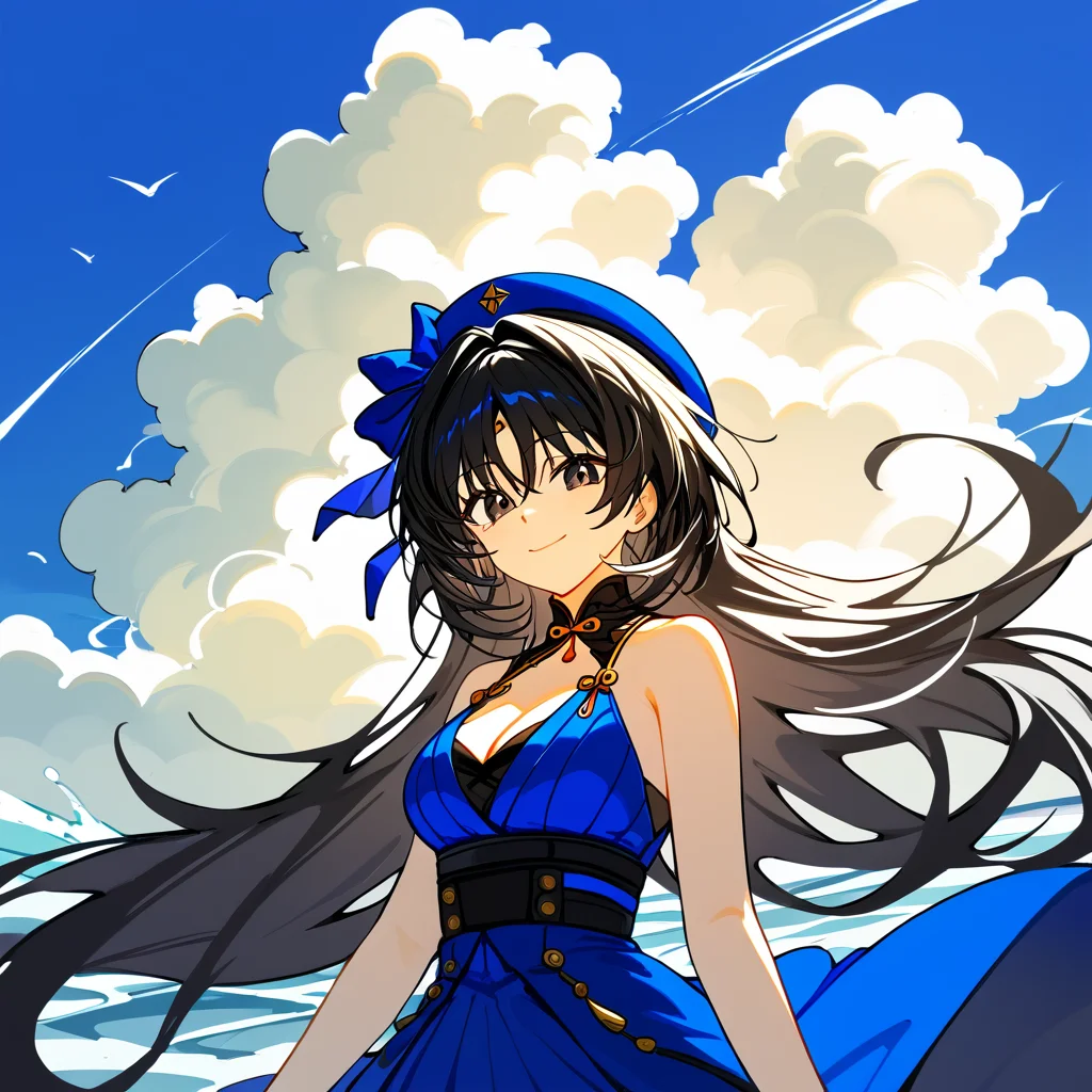 1girl, 
yangyang \(wuthering waves\),  
solo, rating safe, outdoors, blue ribbon, looking at viewer, long hair, ribbon, blue dress, hair between eyes, black hair, cleavage, cloudy sky, hat ribbon, smile, blue sky, breasts, black eyes, dress, day, cloud, bare shoulders, medium breasts, closed mouth, sky, hat, blue hat, upper body, 
masterpiece, best quality
 <lora:mki-pony-yangyang-v2:1>