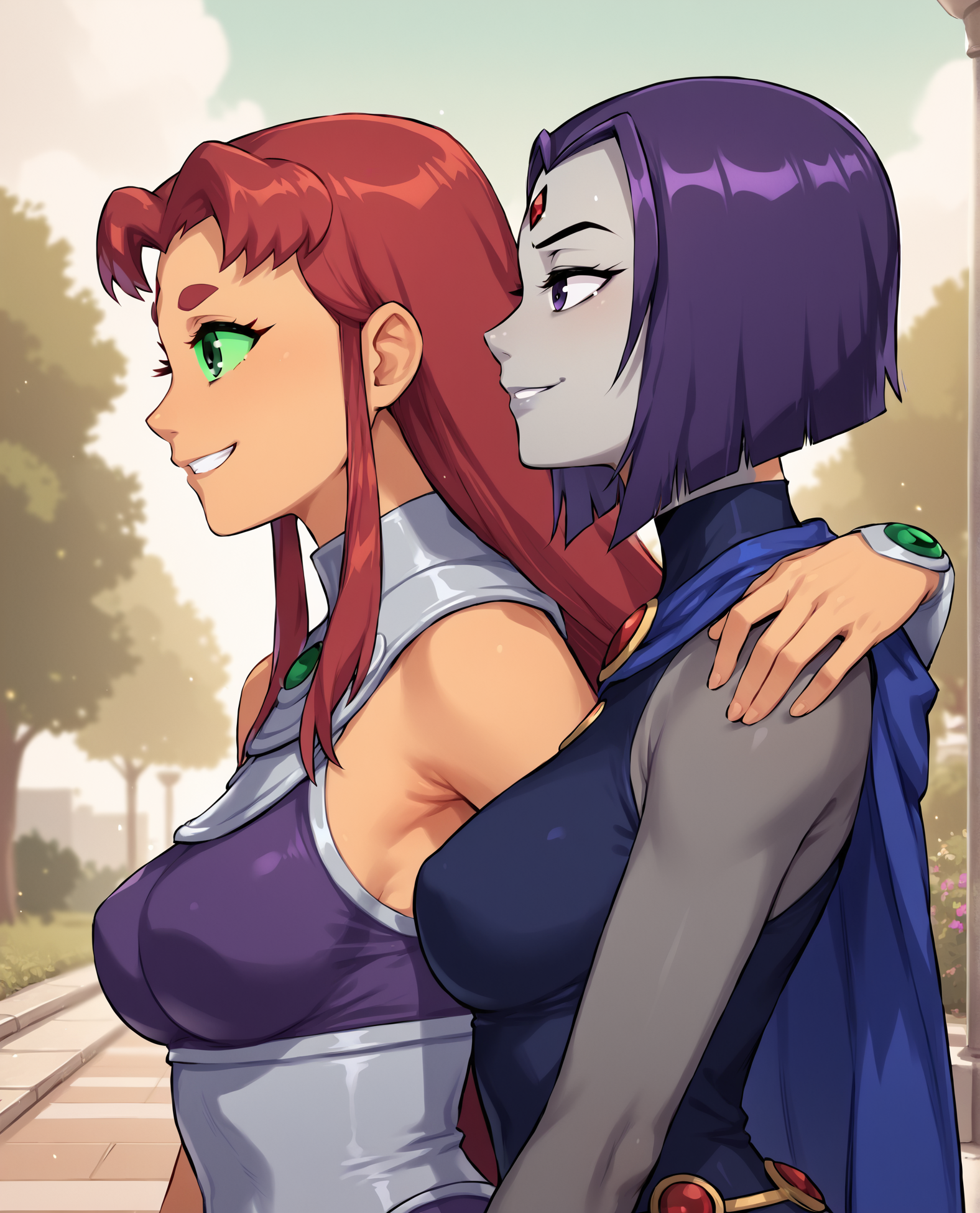 score_9, score_8_up, score_7_up, source_cartoon BREAK 2girl, Starfire, Raven (dc), teen titans, from side, breasts, perky breasts, smile, happy, hand on another's shoulder, upper body, purple hair, red hair, long hair, short hair, <lora:Side_view_two_character:1>, park, outdoors, walking, rating_questionable